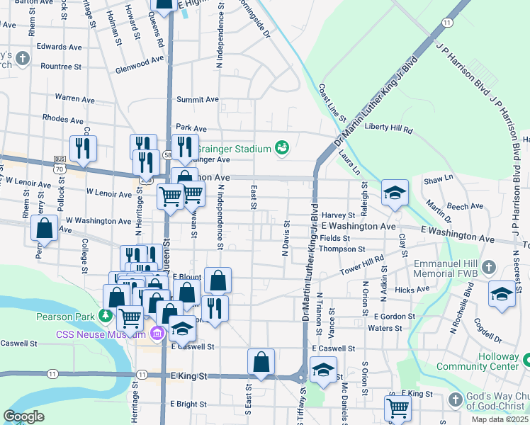 map of restaurants, bars, coffee shops, grocery stores, and more near 614 Cook Alley in Kinston