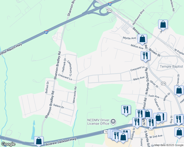 map of restaurants, bars, coffee shops, grocery stores, and more near 2733 Crescent Lane in Gastonia
