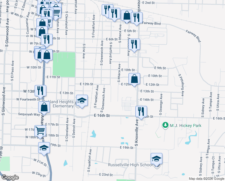 map of restaurants, bars, coffee shops, grocery stores, and more near 1301 South Hartford Avenue in Russellville