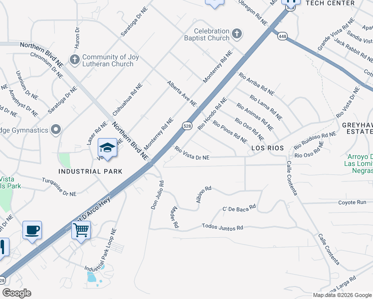 map of restaurants, bars, coffee shops, grocery stores, and more near 505 Rio Vista Drive Northeast in Rio Rancho