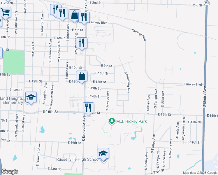 map of restaurants, bars, coffee shops, grocery stores, and more near 1508 East 13th Street in Russellville