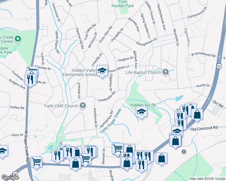 map of restaurants, bars, coffee shops, grocery stores, and more near 5232 Cinderella Road in Charlotte