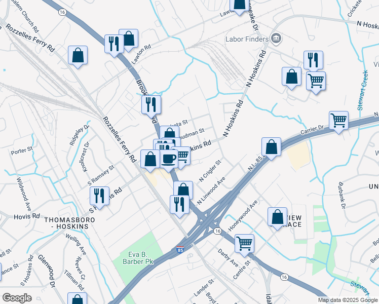 map of restaurants, bars, coffee shops, grocery stores, and more near 338 Clarence Street in Charlotte