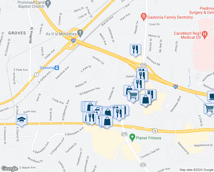 map of restaurants, bars, coffee shops, grocery stores, and more near 407 Oakdale Street in Gastonia
