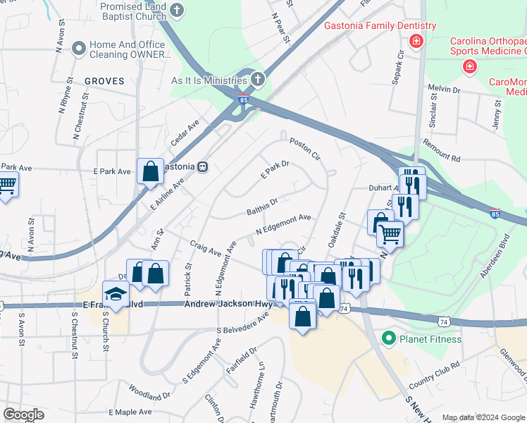 map of restaurants, bars, coffee shops, grocery stores, and more near 1129 Balthis Drive in Gastonia