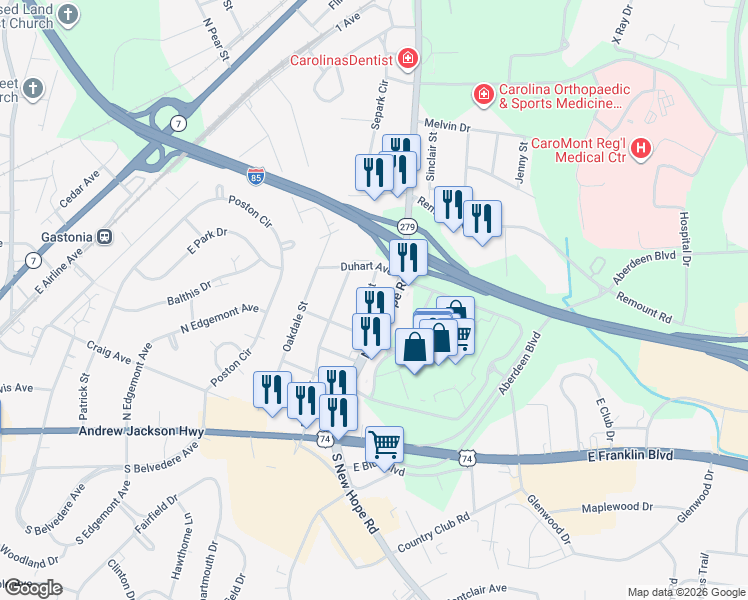 map of restaurants, bars, coffee shops, grocery stores, and more near 505 Carl Street in Gastonia