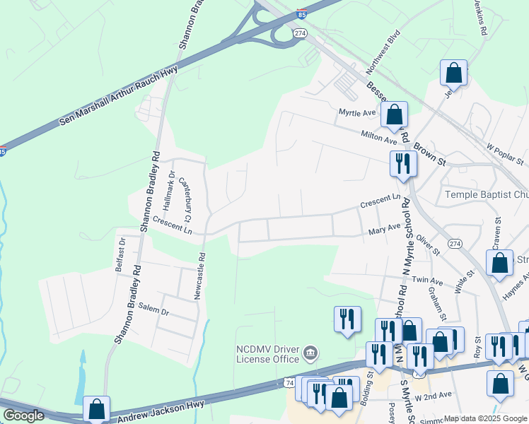 map of restaurants, bars, coffee shops, grocery stores, and more near 2617 Crescent Lane in Gastonia