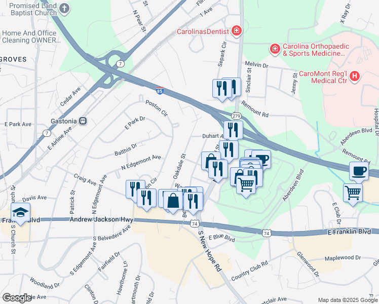 map of restaurants, bars, coffee shops, grocery stores, and more near 501 Beverly Drive in Gastonia
