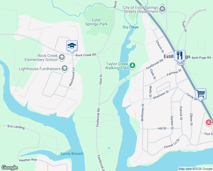 map of restaurants, bars, coffee shops, grocery stores, and more near 108 Gaul Street in Estill Springs
