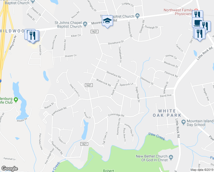map of restaurants, bars, coffee shops, grocery stores, and more near 8631 Waterrock Road in Charlotte