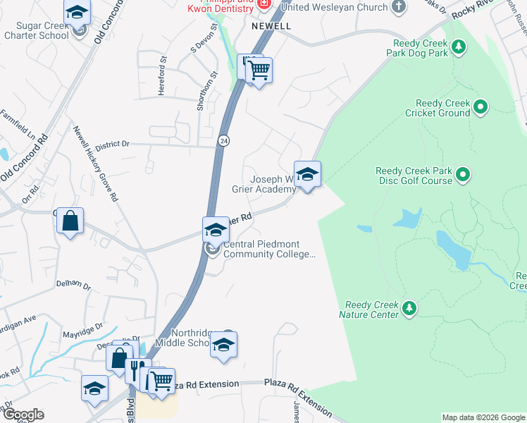 map of restaurants, bars, coffee shops, grocery stores, and more near 8062 Grier Road in Charlotte