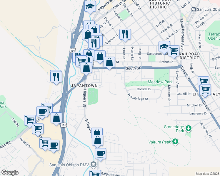 map of restaurants, bars, coffee shops, grocery stores, and more near 245 Bridge Street in San Luis Obispo