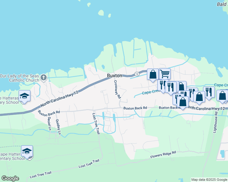 map of restaurants, bars, coffee shops, grocery stores, and more near 47234 Crossway Road in Buxton