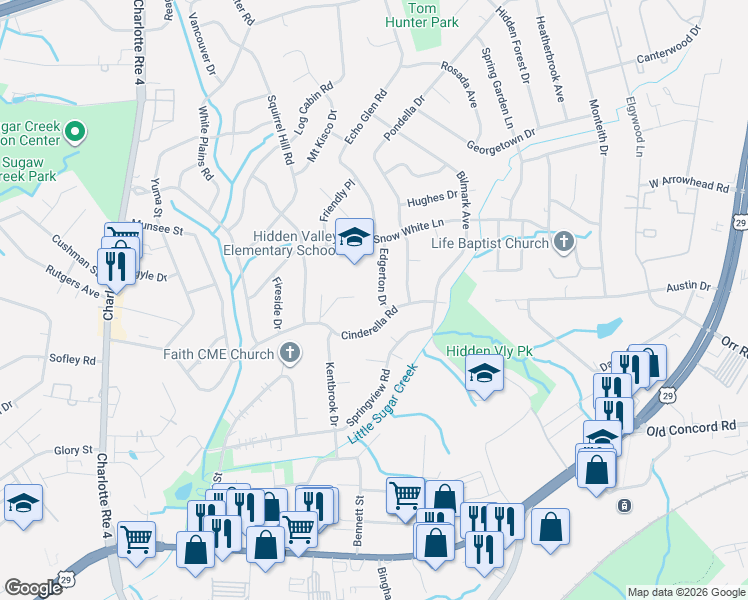 map of restaurants, bars, coffee shops, grocery stores, and more near 5129 Cinderella Road in Charlotte