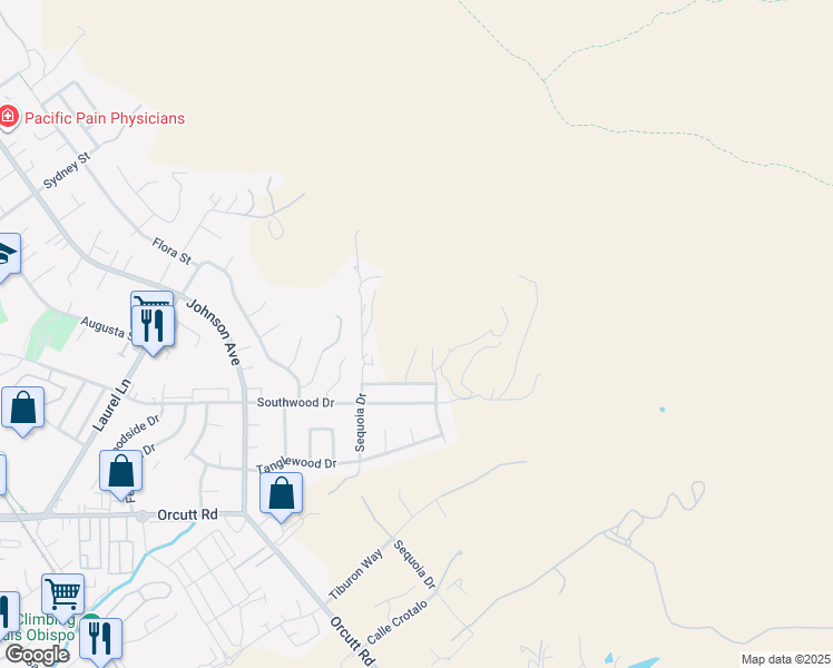 map of restaurants, bars, coffee shops, grocery stores, and more near 1750 Harmony Way in San Luis Obispo