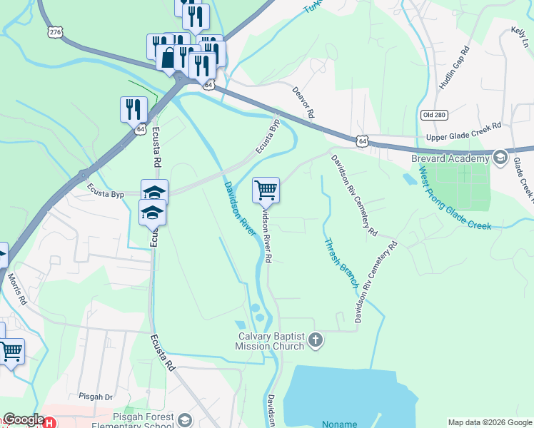 map of restaurants, bars, coffee shops, grocery stores, and more near 858 Davidson River Road in Pisgah Forest