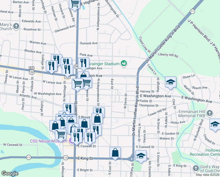 map of restaurants, bars, coffee shops, grocery stores, and more near 604 Cook Alley in Kinston