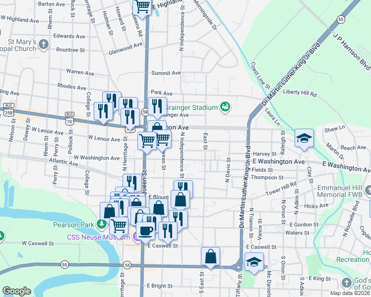 map of restaurants, bars, coffee shops, grocery stores, and more near 306 E Washington Ave in Kinston