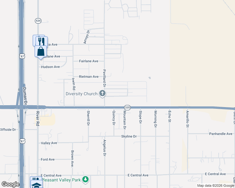 map of restaurants, bars, coffee shops, grocery stores, and more near 1307 Fox Terrier Avenue in Amarillo