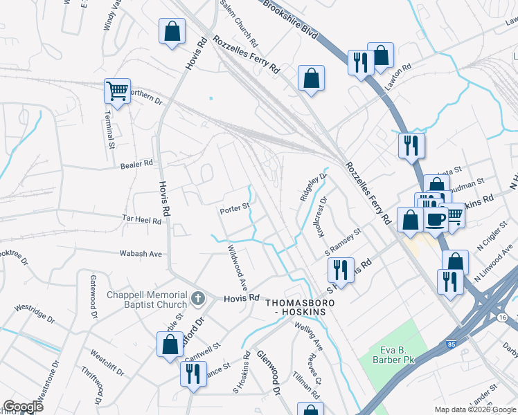 map of restaurants, bars, coffee shops, grocery stores, and more near 4715 Morgan Street in Charlotte