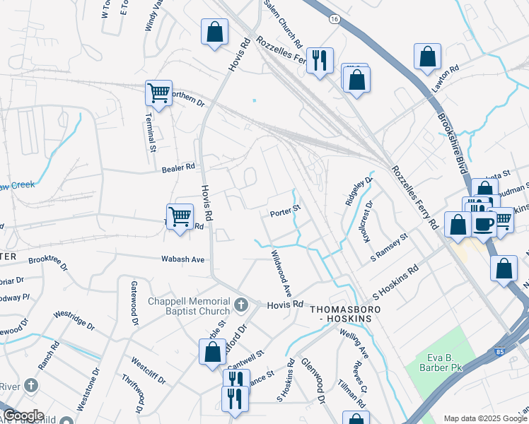 map of restaurants, bars, coffee shops, grocery stores, and more near 556 Porter Street in Charlotte