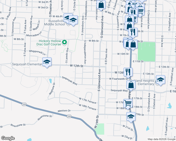 map of restaurants, bars, coffee shops, grocery stores, and more near 1319 South Independence Avenue in Russellville