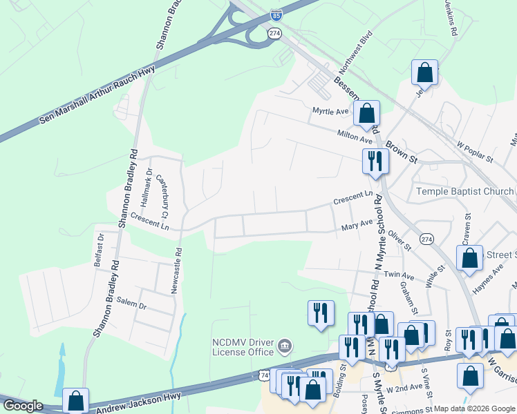map of restaurants, bars, coffee shops, grocery stores, and more near 900 Junius Street in Gastonia