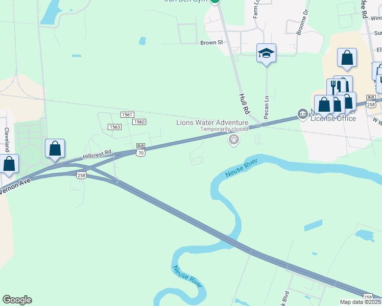 map of restaurants, bars, coffee shops, grocery stores, and more near Richard Caswell Grave Road in Kinston