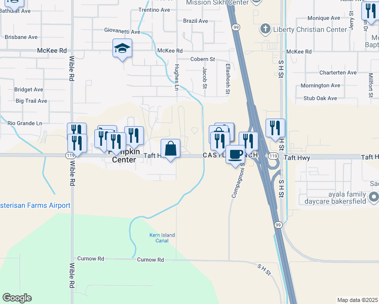 map of restaurants, bars, coffee shops, grocery stores, and more near Taft Highway in Pumpkin Center