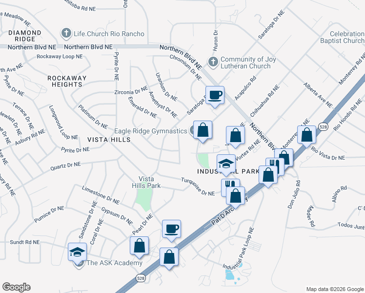 map of restaurants, bars, coffee shops, grocery stores, and more near 521 Quantum Road Northeast in Rio Rancho