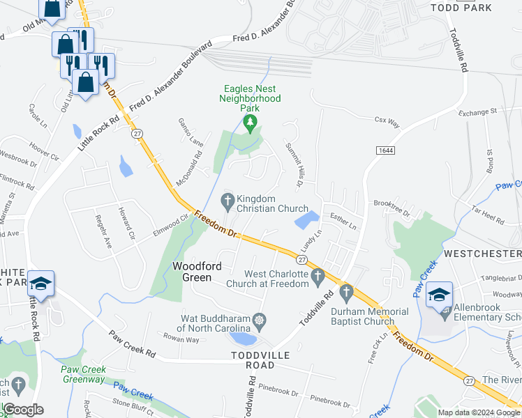 map of restaurants, bars, coffee shops, grocery stores, and more near 1433 Eagles Landing Drive in Charlotte
