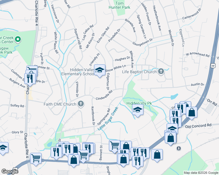 map of restaurants, bars, coffee shops, grocery stores, and more near 5232 Cinderella Road in Charlotte