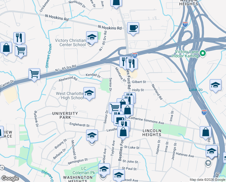 map of restaurants, bars, coffee shops, grocery stores, and more near 2322 Senior Drive in Charlotte