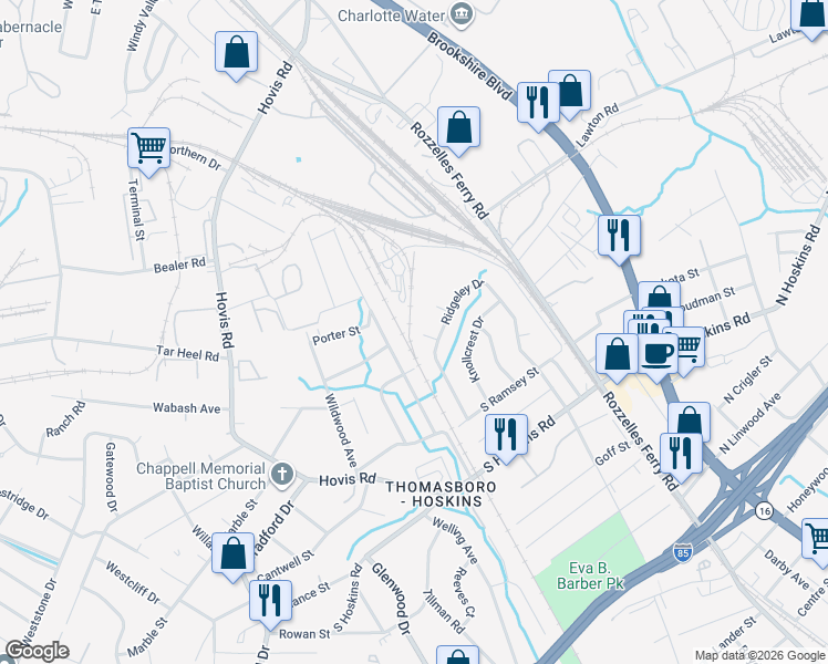 map of restaurants, bars, coffee shops, grocery stores, and more near 4620 Morgan Street in Charlotte