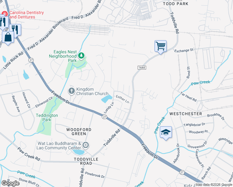 map of restaurants, bars, coffee shops, grocery stores, and more near 5413 Esther Lane in Charlotte