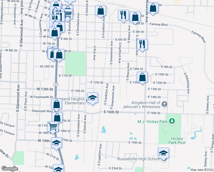 map of restaurants, bars, coffee shops, grocery stores, and more near 1300 South Greenwich Avenue in Russellville
