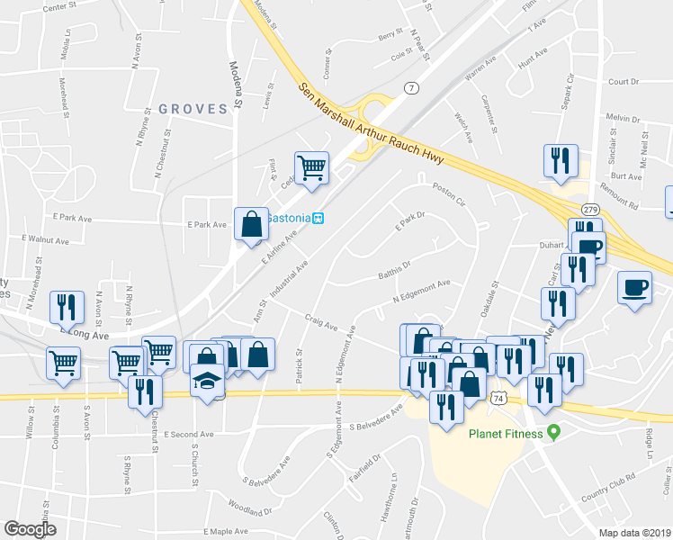 map of restaurants, bars, coffee shops, grocery stores, and more near 1203 Poston Circle in Gastonia