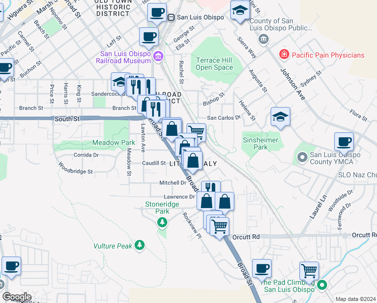 map of restaurants, bars, coffee shops, grocery stores, and more near 2475 Victoria Avenue in San Luis Obispo