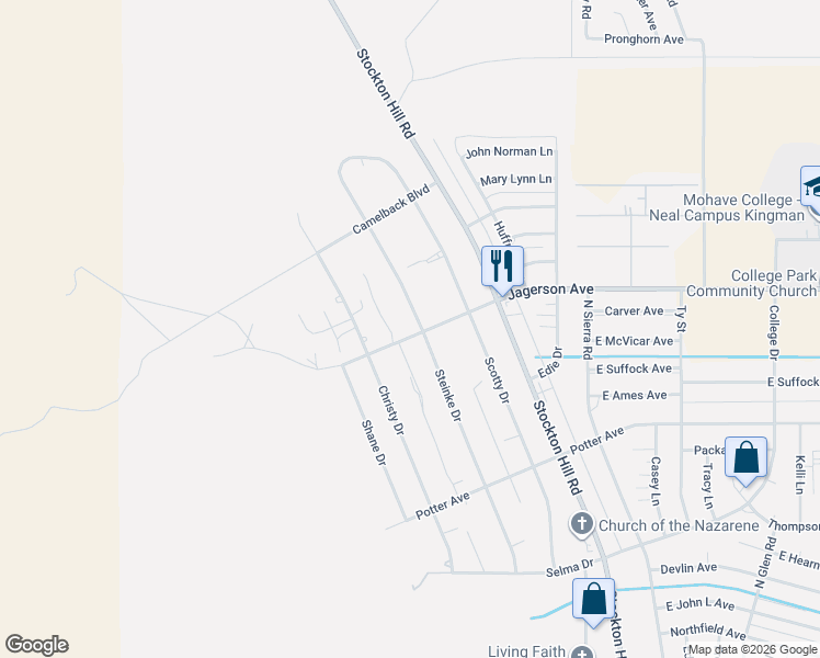 map of restaurants, bars, coffee shops, grocery stores, and more near 4897 Steinke Drive in Kingman