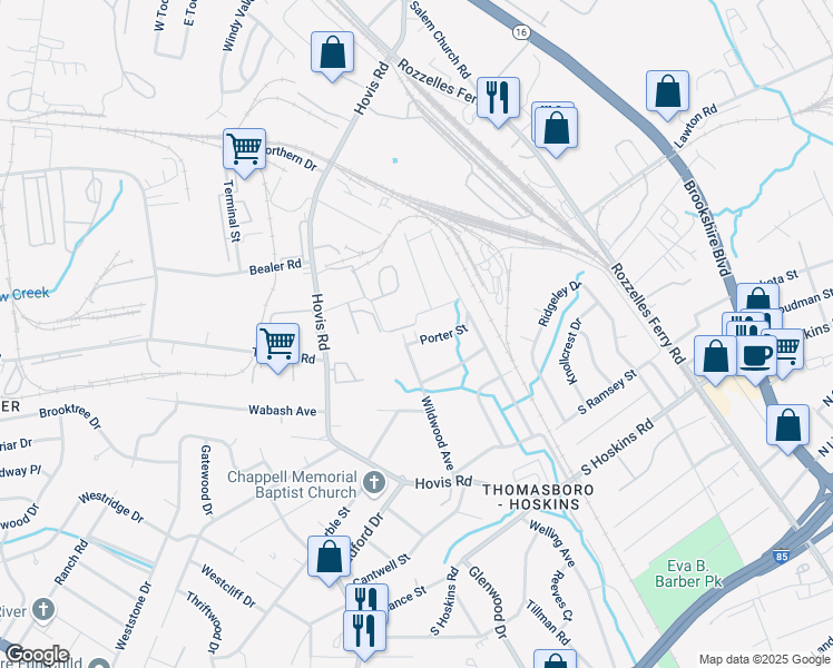map of restaurants, bars, coffee shops, grocery stores, and more near 552 Porter Street in Charlotte