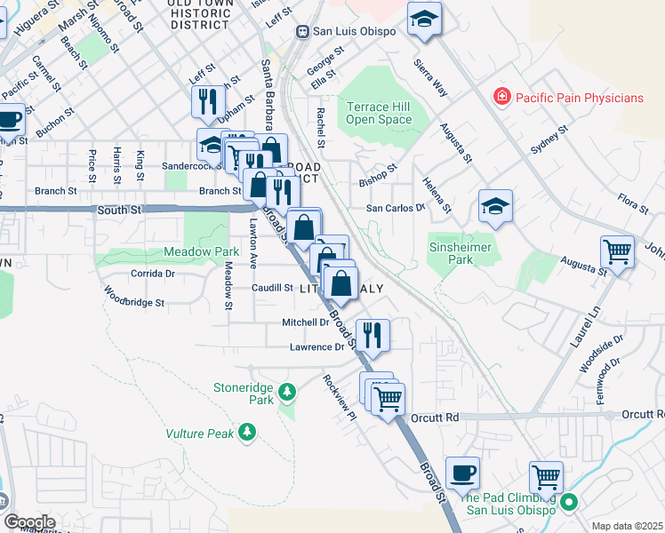 map of restaurants, bars, coffee shops, grocery stores, and more near 2475 Victoria Avenue in San Luis Obispo