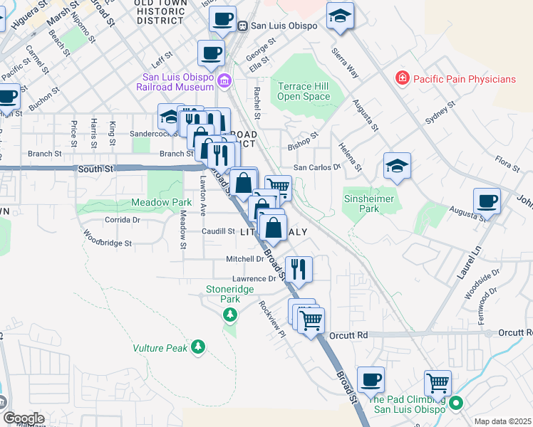 map of restaurants, bars, coffee shops, grocery stores, and more near 2478 Victoria Avenue in San Luis Obispo