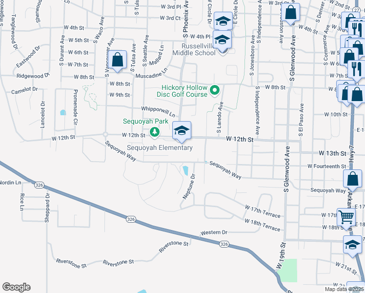 map of restaurants, bars, coffee shops, grocery stores, and more near 1601 West 12th Street in Russellville