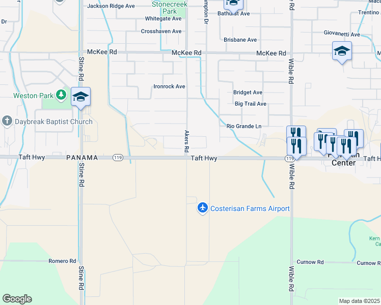 map of restaurants, bars, coffee shops, grocery stores, and more near 4030 Smoky Rock Court in Bakersfield
