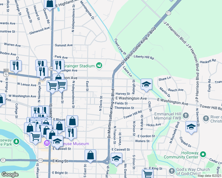 map of restaurants, bars, coffee shops, grocery stores, and more near 700 Dr Martin Luther King Jr Blvd in Kinston