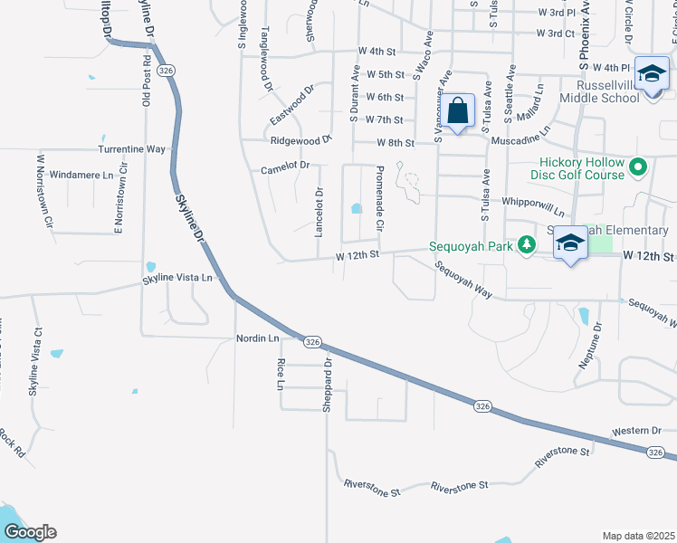 map of restaurants, bars, coffee shops, grocery stores, and more near 1201 Town and Country Lane in Russellville
