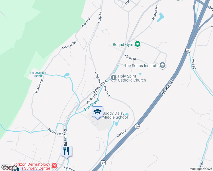 map of restaurants, bars, coffee shops, grocery stores, and more near 10720 Dayton Pike in Soddy-Daisy