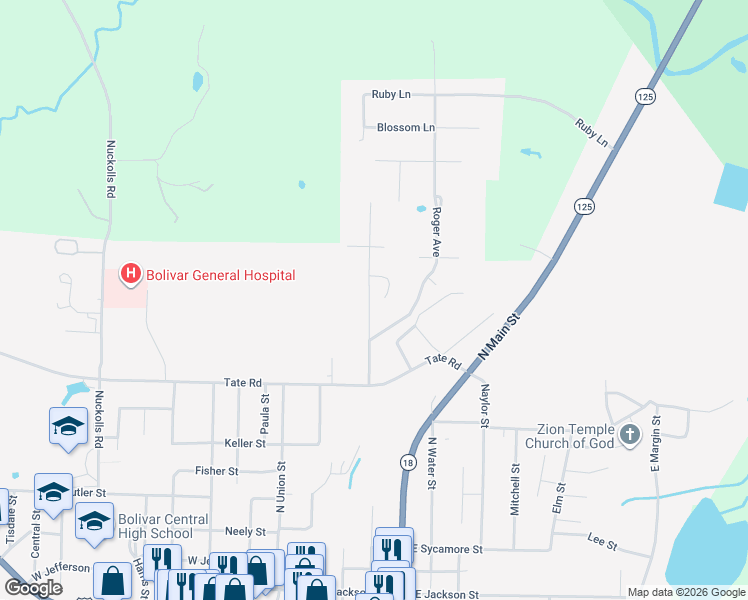 map of restaurants, bars, coffee shops, grocery stores, and more near 106 Young Road in Bolivar