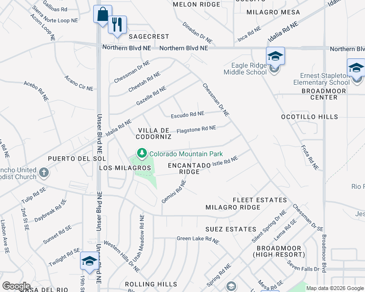 map of restaurants, bars, coffee shops, grocery stores, and more near 2324 Flagstone Road Northeast in Rio Rancho