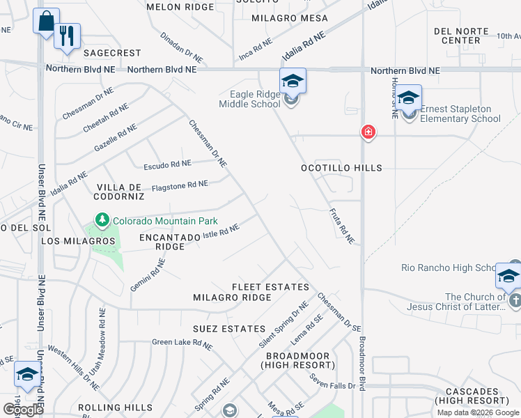 map of restaurants, bars, coffee shops, grocery stores, and more near 2615 Chessman Drive Northeast in Rio Rancho